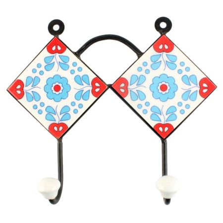 Ceramic Floral Tile Hook in Turquoise